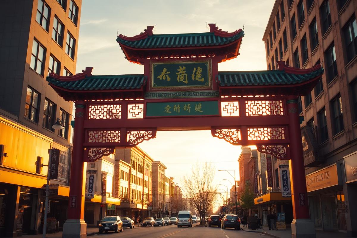 Chinatown paifang gate at golden hour